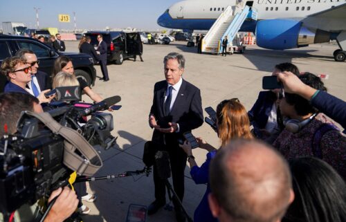 Secretary of State Antony Blinken speaks with members of the media at Ben Gurion International Airport in Tel Aviv