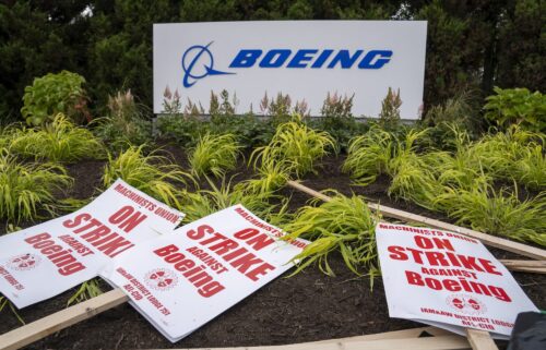 Picket signs outside the Boeing factory in Renton