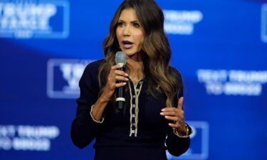 South Dakota Gov. Kristi Noem speaks before Republican presidential nominee former President Donald Trump at a campaign town hall