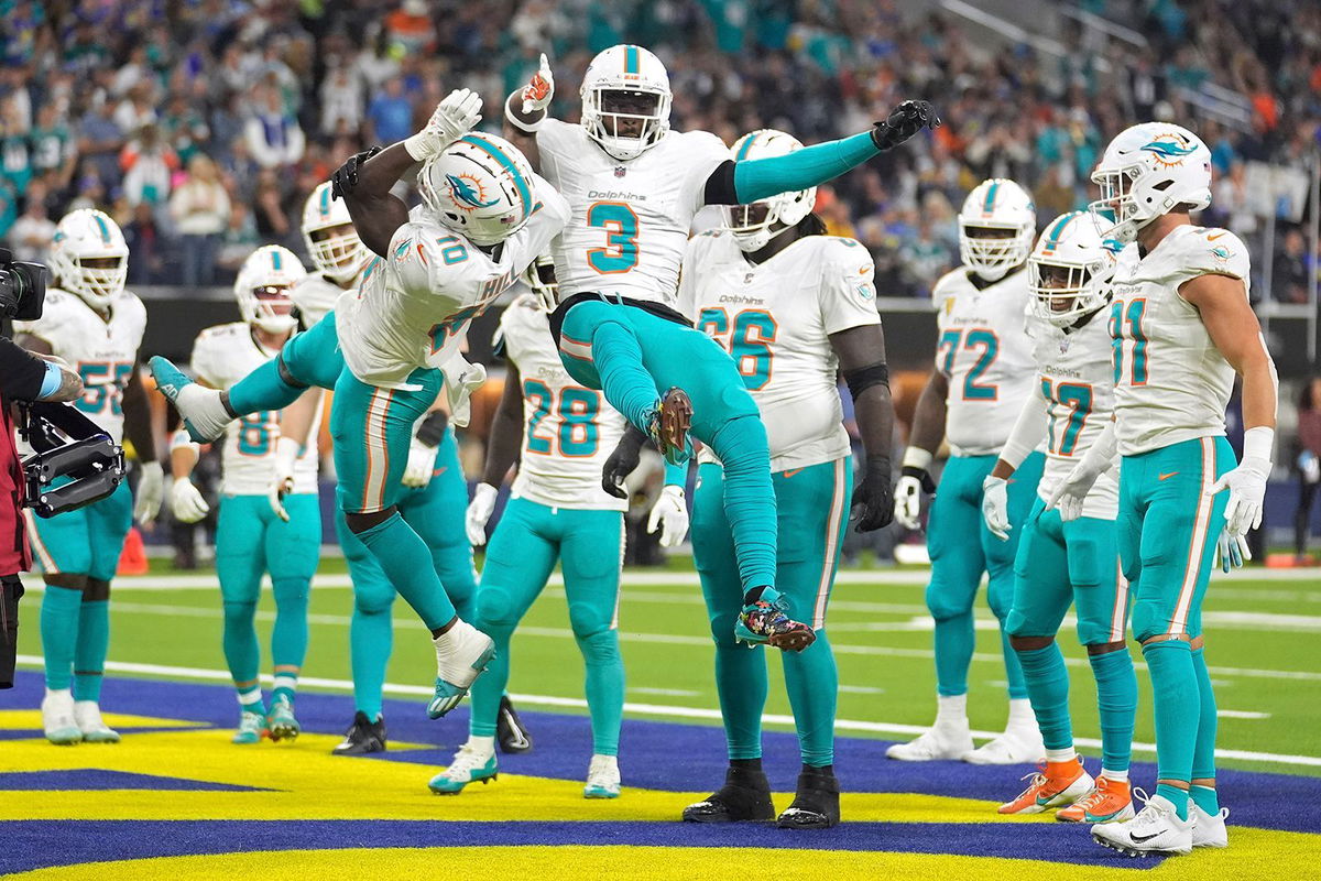 <i>Marcio Jose Sanchez/AP via CNN Newsource</i><br/>Wide receiver Tyreek Hill (left) celebrates his touchdown against the Los Angeles Rams.