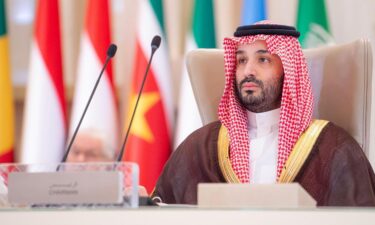 Saudi Crown Prince Mohammed bin Salman addresses the joint extraordinary leaders summit of the Organization of Islamic Cooperation and the Arab League on Monday