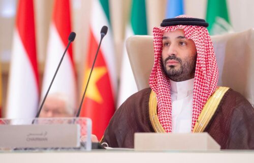 Saudi Crown Prince Mohammed bin Salman addresses the joint extraordinary leaders summit of the Organization of Islamic Cooperation and the Arab League on Monday