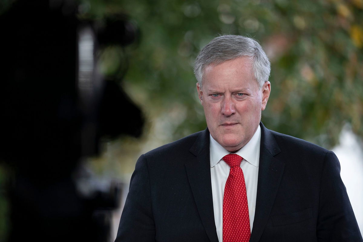 <i>Tasos Katopodis/Getty Images/File via CNN Newsource</i><br/>White House Chief of Staff Mark Meadows talks to reporters at the White House on October 21