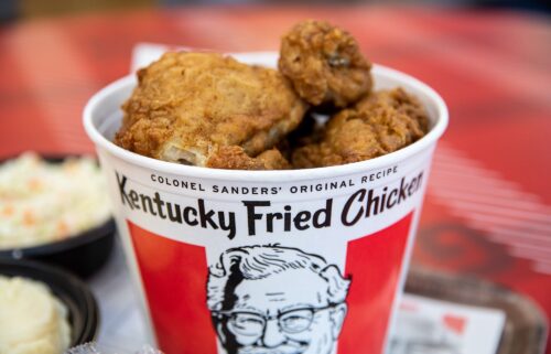 A bucket of fried chicken is arranged for a photograph at a Yum! Brands Inc. Kentucky Fried Chicken (KFC) restaurant in Norwell