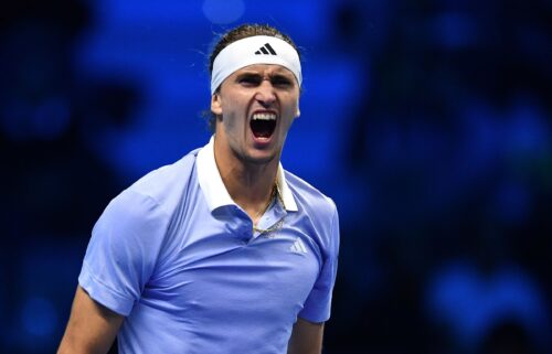 Alex Zverev of Germany celebrates victory against Andrey Rublev during day two of the Nitto ATP finals 2024 at Inalpi Arena on November 11