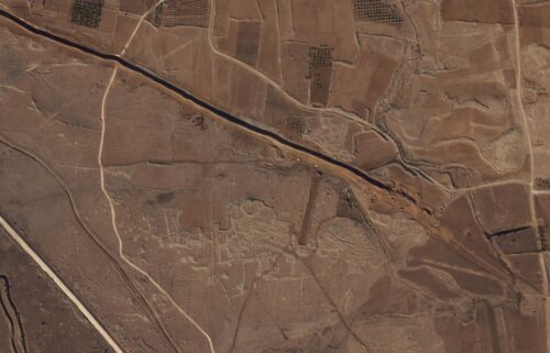 This satellite image from Planet Labs PBC shows Israeli forces digging along the Alpha Line separating the Israeli-occupied Golan Heights from a demilitarized zone in Syria patrolled by United Nations forces on November 5.