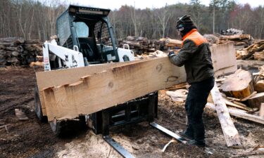 A worker stacks off-cut planks of pine wood on a forklift at Woodstock Wood sawmill in Saugerties