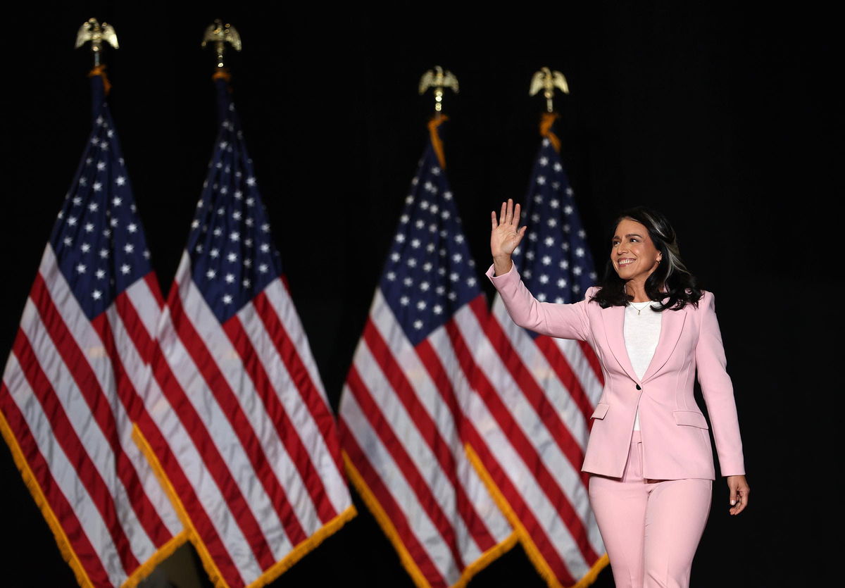 <i>Justin Sullivan/Getty Images via CNN Newsource</i><br/>Tulsi Gabbard greets the crowd before speaking during a campaign rally in Las Vegas