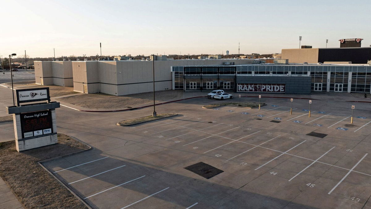 <i>Patrick Quiring/Reuters via CNN Newsource</i><br/>Owasso High School is seen the day of a vigil in memory of nonbinary teenage student Nex Benedict.