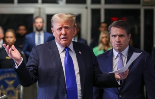 Former President Donald Trump speaks alongside his attorney Todd Blanche as he arrives for his hush money trial at Manhattan Criminal Court on May 30 in New York City.