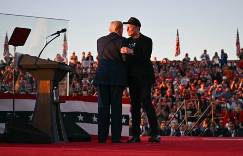 Tesla CEO Elon Musk joins former President and Republican presidential candidate Donald Trump during a campaign rally at the site of his first assassination attempt in Butler