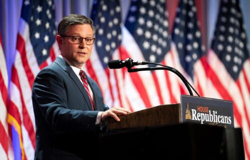 House Speaker Mike Johnson speaks during a House Republicans Conference meeting at the Hyatt Regency on Capitol Hill on November 13