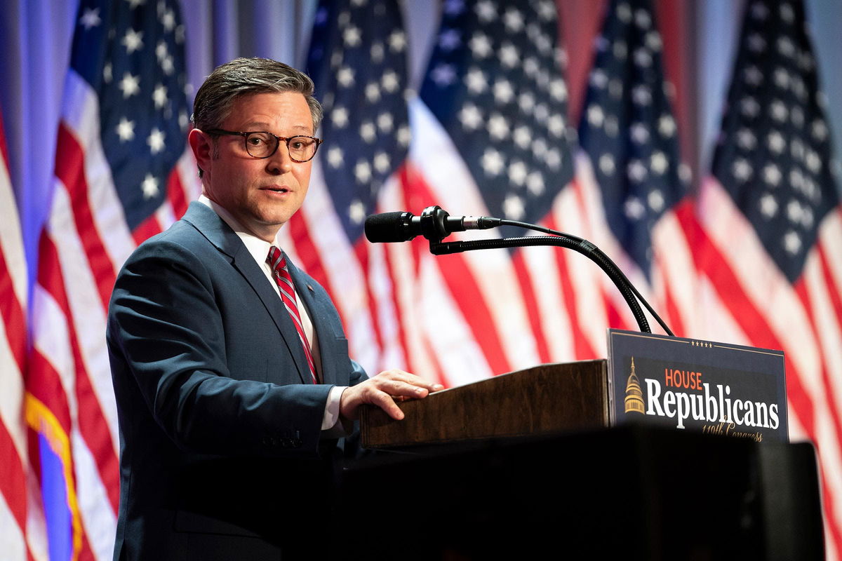 <i>Allison Robbert/Pool/Getty Images via CNN Newsource</i><br/>House Speaker Mike Johnson speaks during a House Republicans Conference meeting at the Hyatt Regency on Capitol Hill on November 13