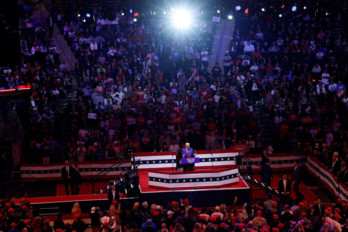 <i>Anna Moneymaker/Getty Images/File via CNN Newsource</i><br/>Former President Donald Trump speaks at a campaign rally at Madison Square Garden on October 27