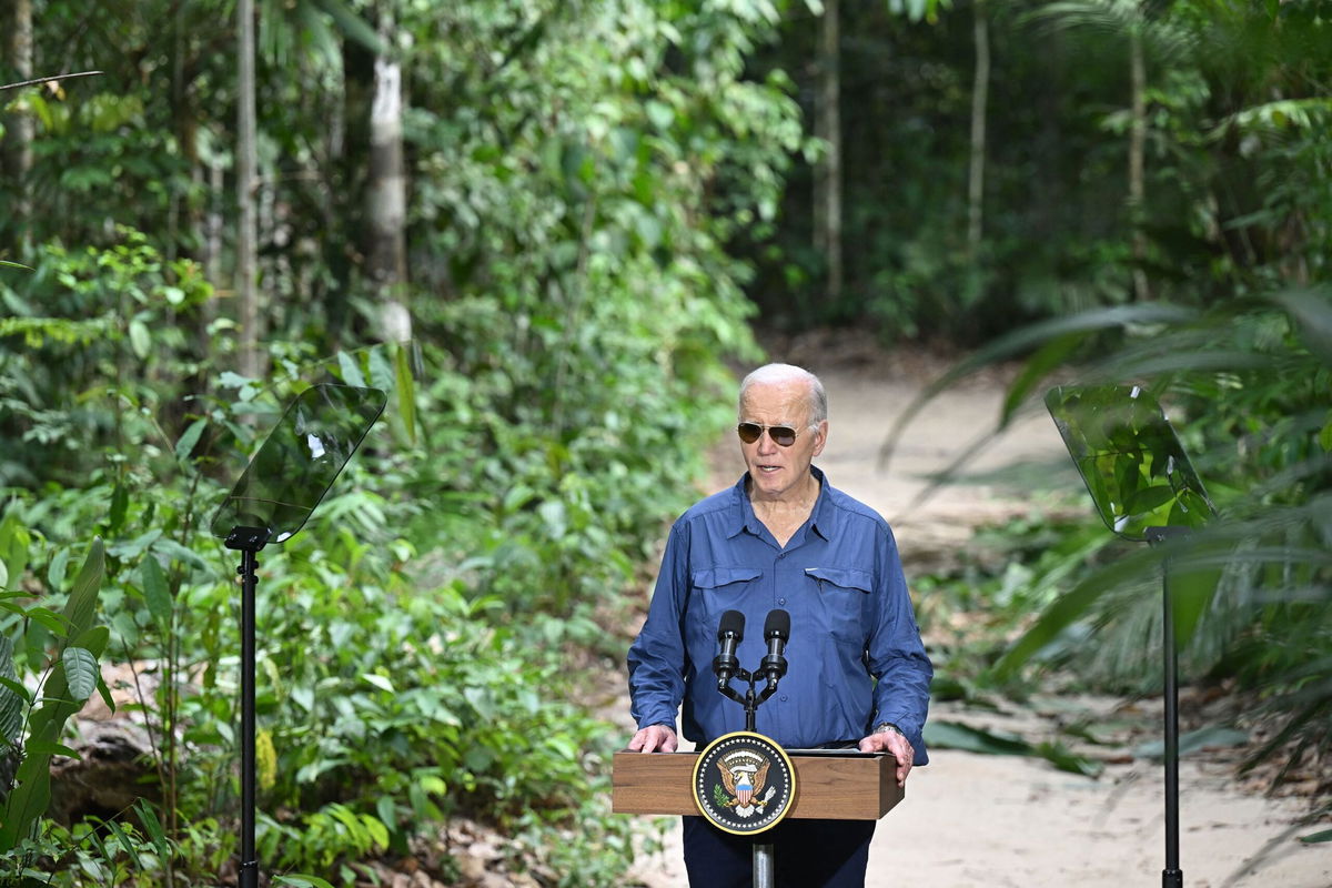 <i>Saul Loeb/AFP/Getty Images via CNN Newsource</i><br/>President Joe Biden speaks during a visit to the Amazon rainforest in Manaus