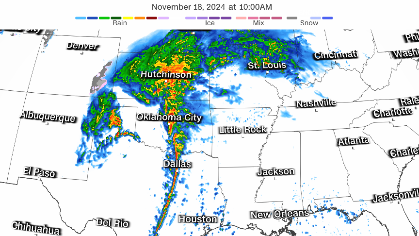 <i>CNN Weather via CNN Newsource</i><br/>Ongoing storms across the Southern Plains are expected to shift north throughout the day on November 18.