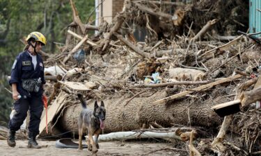 A member of the FEMA Urban Search and Rescue Task Force searches a flood-damaged property with a search canine in the aftermath of Hurricane Helene along the Swannanoa River on October 4 in Asheville