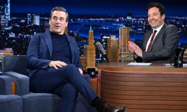 (From left) Jon Hamm and Jimmy Fallon are pictured here on the set of 'The Tonight Show with Jimmy Fallon' on November 17.