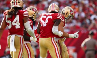 Nick Bosa (right) does the 'Trump dance' with teammates after a sack during the San Francisco 49ers' Week 10 win over the Tampa Bay Buccaneers.