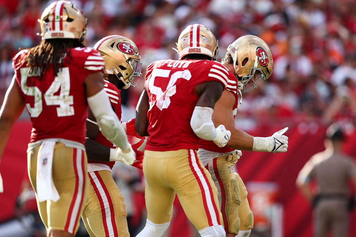 <i>Kevin Sabitus/Getty Images via CNN Newsource</i><br/>Nick Bosa (right) does the 'Trump dance' with teammates after a sack during the San Francisco 49ers' Week 10 win over the Tampa Bay Buccaneers.