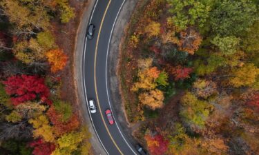 An aerial view of colorful fall foliage in Vermont and New Hampshire on October 13.