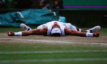 Nadal celebrates after beating Roger Federer in the Wimbledon final in 2008.