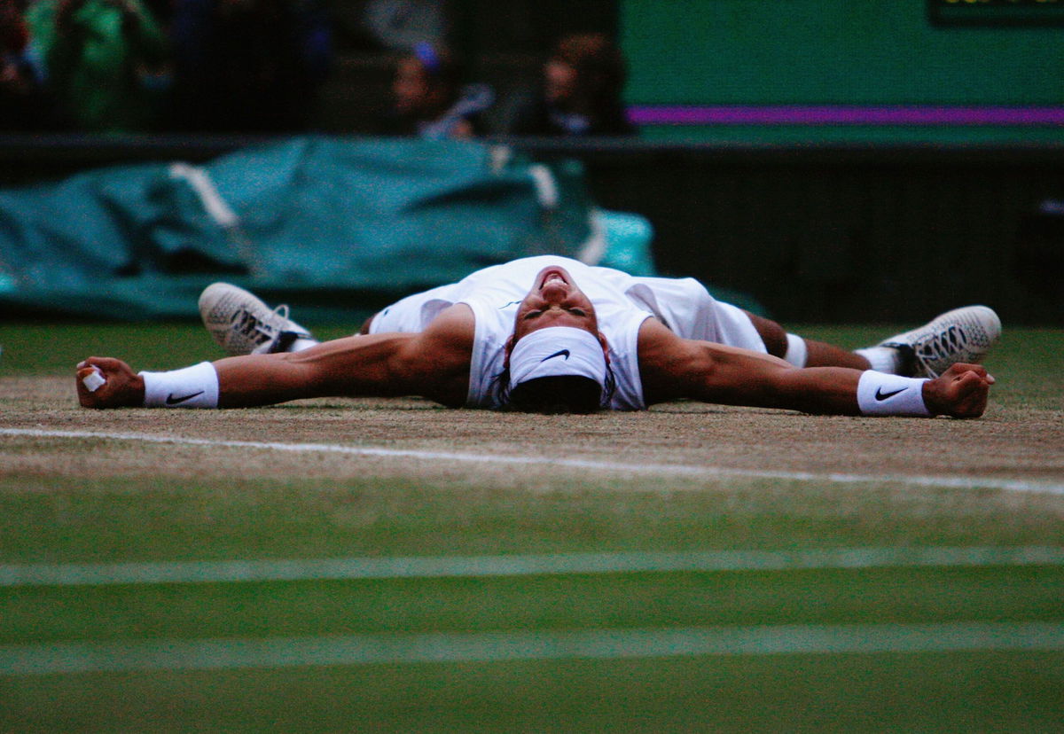 <i>Alessia Pierdomenico/Pool/Getty Images via CNN Newsource</i><br/>Nadal celebrates after beating Roger Federer in the Wimbledon final in 2008.