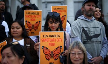 Demonstrators attend a pro-immigration rally as the Los Angeles City Council meets to consider adopting a "sanctuary city'' ordinance at City Hall in Los Angeles on November 19.