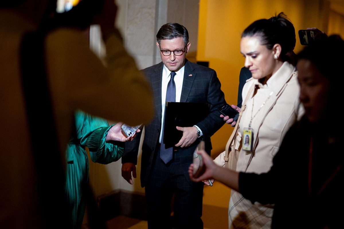 <i>Andrew Harnik/Getty Images via CNN Newsource</i><br/>House Speaker Mike Johnson departs a news conference on Capitol Hill on November 19 in Washington