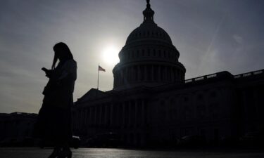 A person uses a phone with the US Capitol building in the background in Washington