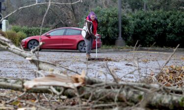 Erica Leinbach cleans up debris from fallen trees after a bomb cyclone storm brought high winds to Issaquah