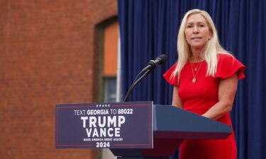 Rep. Marjorie Taylor Greene speaks at a campaign event of Republican then-vice presidential nominee Sen. JD Vance in Lindale