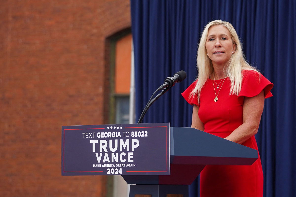 <i>Megan Varner/Reuters via CNN Newsource</i><br/>Rep. Marjorie Taylor Greene speaks at a campaign event of Republican then-vice presidential nominee Sen. JD Vance in Lindale