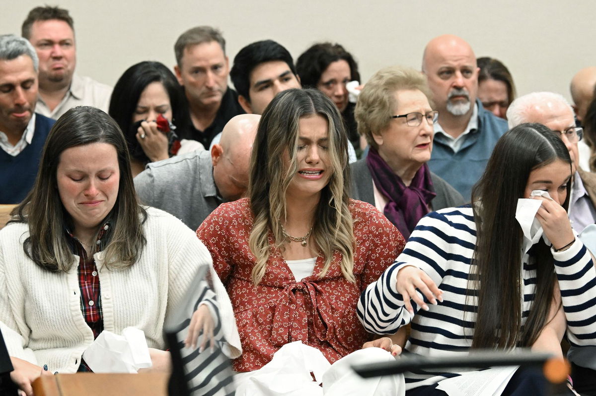 <i>Hyosub Shin/Atlanta Journal-Constitution/AP via CNN Newsource</i><br/>Family members and friends of Laken Riley react as Superior Court Judge H. Patrick Haggard announces the verdict during a trial of Jose Ibarra at Athens-Clarke County Superior Court