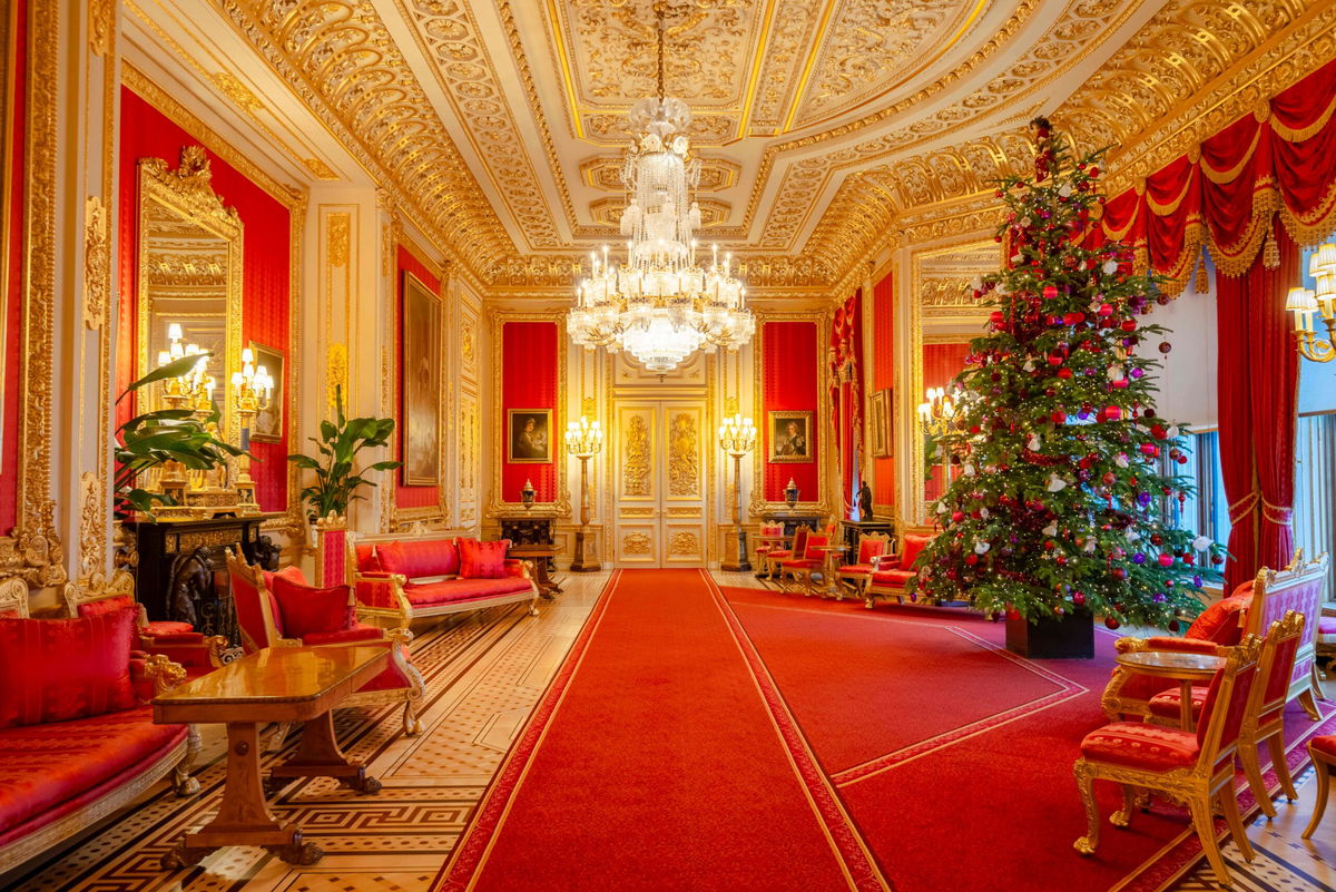 <i>Royal Collection Trust via CNN Newsource</i><br/>A Christmas tree in the Crimson Drawing Room – one of the most elaborate rooms in Windsor Castle