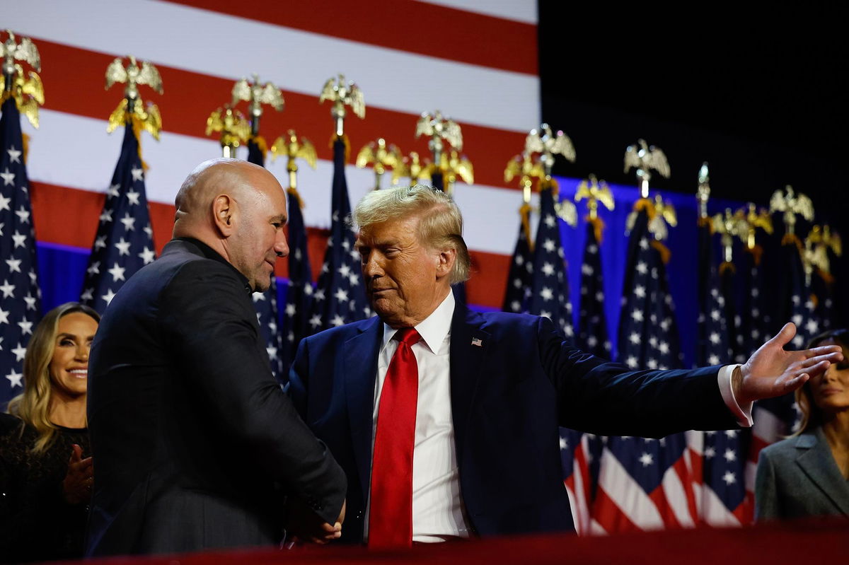 <i>Chip Somodevilla/Getty Images via CNN Newsource</i><br/>UFC chief Dana White greets Donald Trump during an election night event on November 06