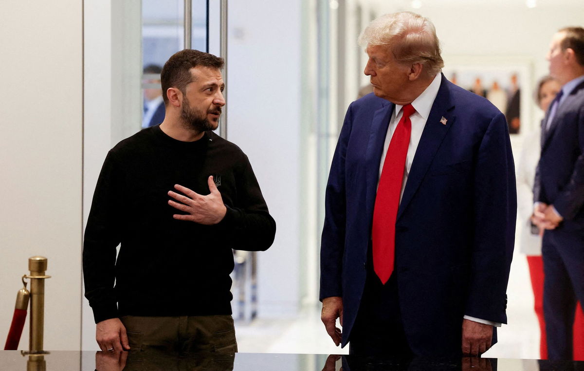 <i>Shannon Stapleton/Reuters via CNN Newsource</i><br/>Republican presidential nominee and former U.S. President Donald Trump and Ukraine's President Volodymyr Zelensky meet at Trump Tower in New York City