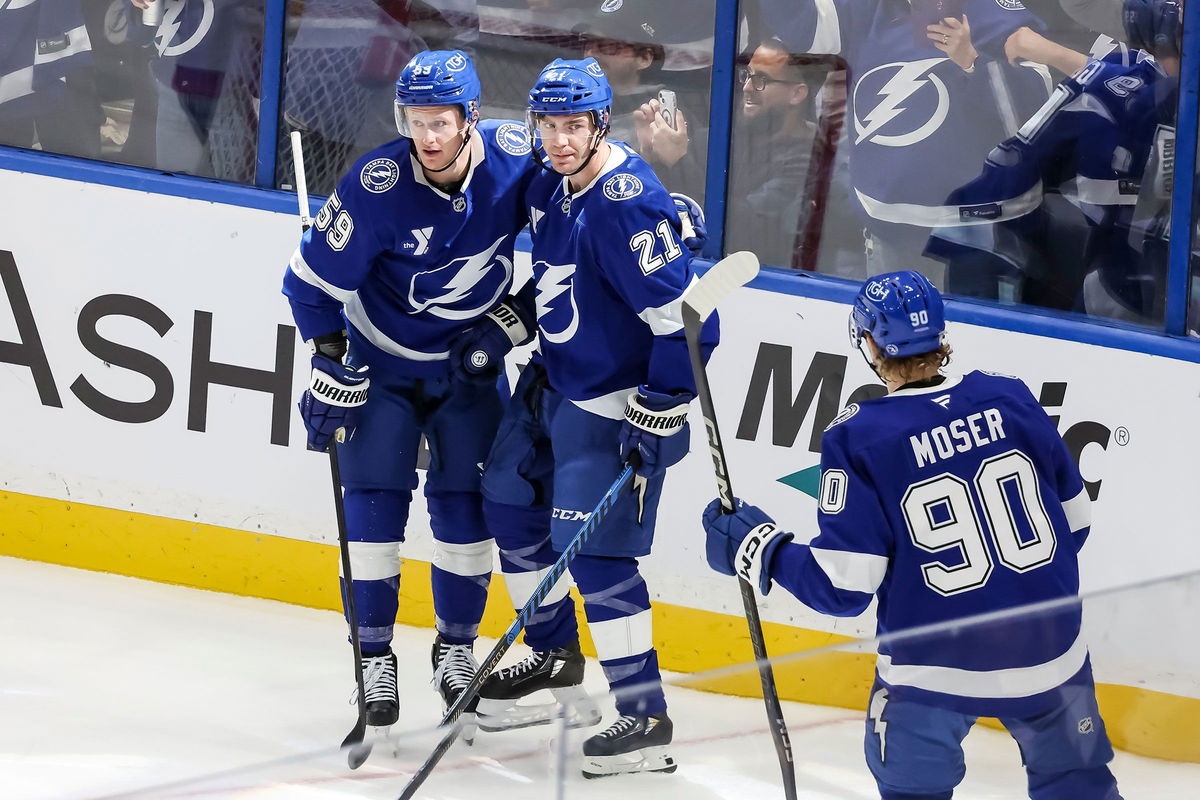 <i>Mike Carlson/NHLI/Getty Images via CNN Newsource</i><br/>Brayden Point (center) celebrates scoring against the Washington Capitals.