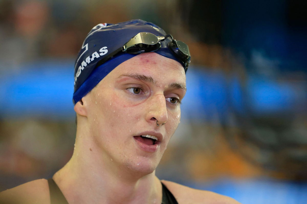 <i>Justin Casterline/Getty Images/File via CNN Newsource</i><br/>Transgender woman Lia Thomas of the University of Pennsylvania talks to a reporter after winning the 500-yard freestyle at the NCAA Division I Women's Swimming & Diving Championshipon on March 17