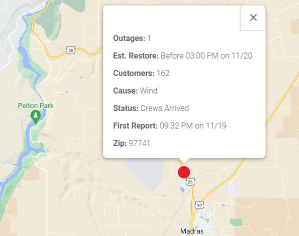 power outage N of Madras wind Pacific Power