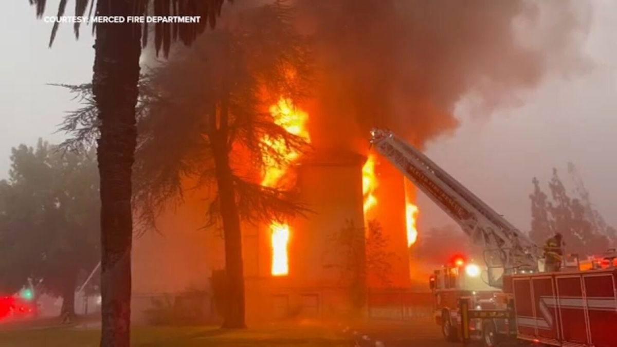 <i>KFSN/Merced FD via CNN Newsource</i><br/>A fierce fire damaged a historic building in downtown Merced. The building served as the county's first high school.