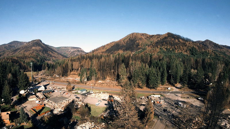 Three fires converged in 2020, destroying over 1,500 structures in the Santiam Canyon, which included massive destruction to the city of Detroit, shown here. 