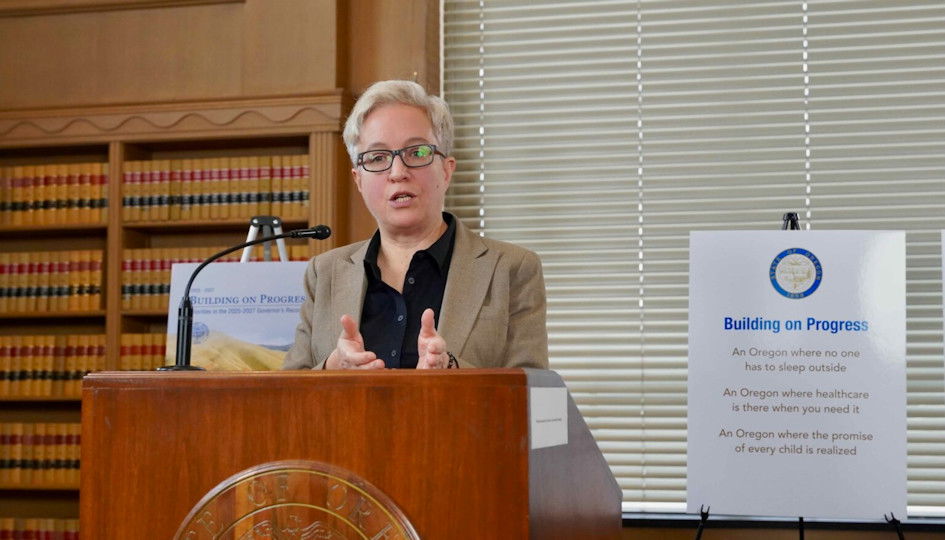 Gov. Tina Kotek discusses her 2025-27 recommended budget in the state library on Monday, Dec. 2.