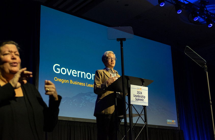 Gov. Tina Kotek was among the speakers at this year’s Oregon Leadership Summit in the Oregon Convention Center on Monday, Dec. 9, 2024. 