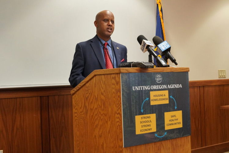  Sen. Kayse Jama, D-Portland, talks to reporters on Monday, Feb. 5, 2024, the first day of the legislative session.