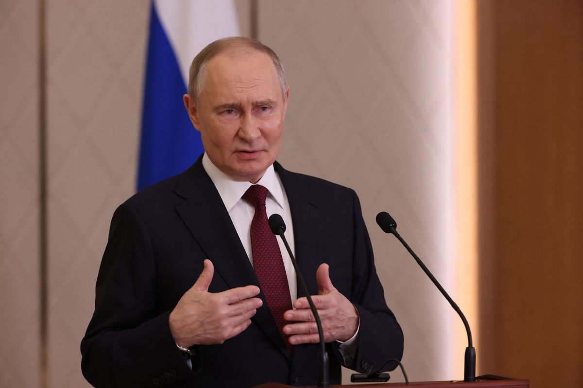 <i>Contributor/Getty Images via CNN Newsource</i><br/>Russian President Vladimir Putin speaks during his press conference after the SCTO Summit at the Palace of Independence