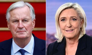 French Prime Minister Michel Barnier and Marine Le Pen of the far-right National Rally are pictured in a split image.