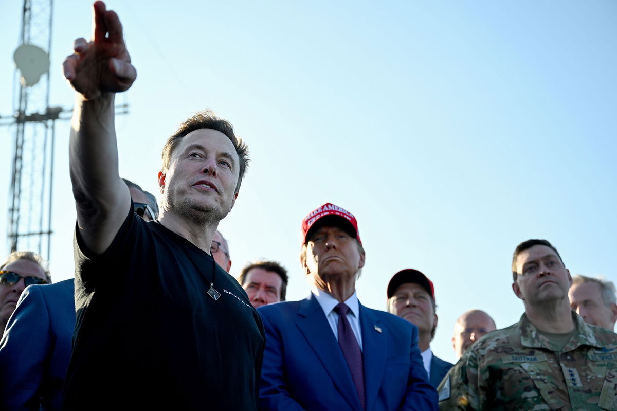 <i>Brandon Bell/Getty Images via CNN Newsource</i><br/>Elon Musk speaks with US President-elect Donald Trump and guests at a viewing of the launch of the sixth test flight of the SpaceX Starship rocket on November 19 in Brownsville