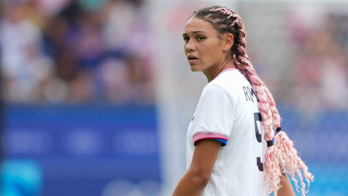 <i>John Todd/ISI/Getty Images via CNN Newsource</i><br/>Trinity Rodman looks on during the second half of the USWNT's quarterfinal match against Japan at the Olympic Games in Paris on August 3.