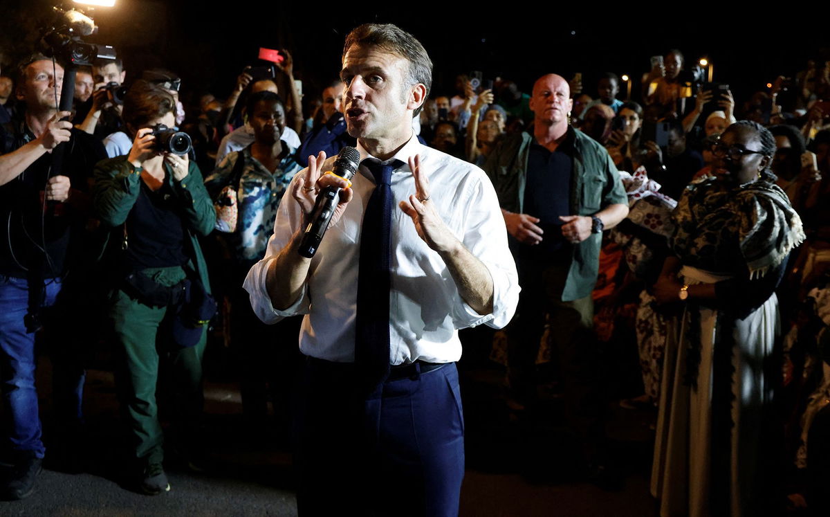 <i>Ludovic Marin/AFP/Getty Images via CNN Newsource</i><br/>French President Emmanuel Macron speaks to the local residents during his visit in Pamandzi